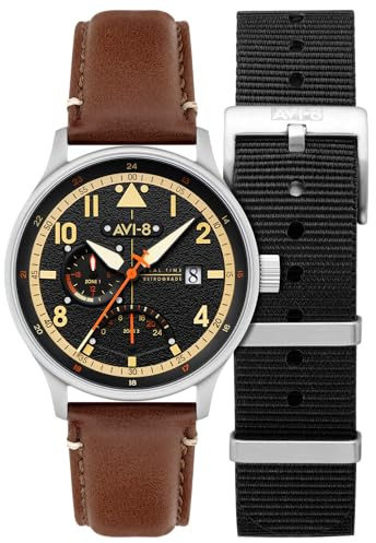 AVI-8 Hawker Hurricane Mckellar Orologio da uomo 44 mm Dual Time con cinturino in pelle AV-4101, Metropolis Nero, Mckellar Dual Time