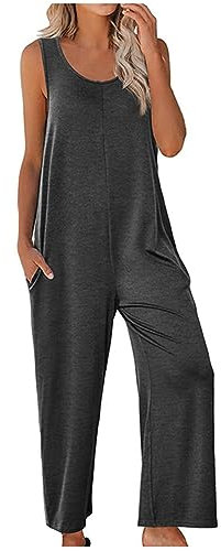 Generisch Latzhose für Damen, Übergröße, locker, weites Bein, Overall, mit Taschen, ärmellos, lässig, einfarbig, einteiliger Strampler, Sommer, Baggy, bequeme Spielanzughose, grau, 36