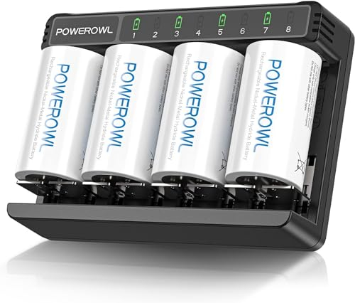 POWEROWL D Akku mit Akkuladegerät - Mono D Akku 4 Stück 1,2V NI-MH 10000mAh, Ladegerät für C/D/AA/AAA Akku, Micro USB Schnellladung