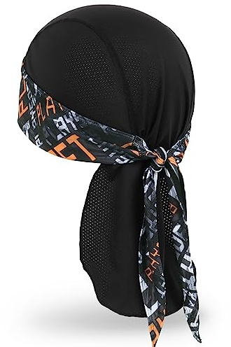 MELASA Cycling Bandana Skull Cap, Cooling Durag Helmet Liner, Sweat Head Scarf Running Hat Beanie for Men Cycling Motorcycle Running(Black Orange Print)