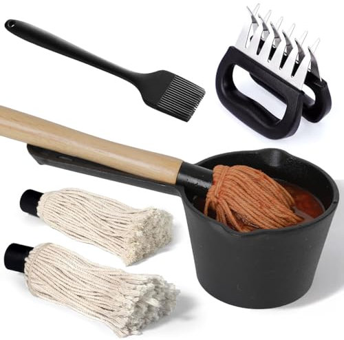BBQ Mop Brush and Cast Iron Basting Pot - Grilling Tool Set with Basting Brush an Meat Shredder Claws for Meat Smoker, Grill and Stove(8pcs)