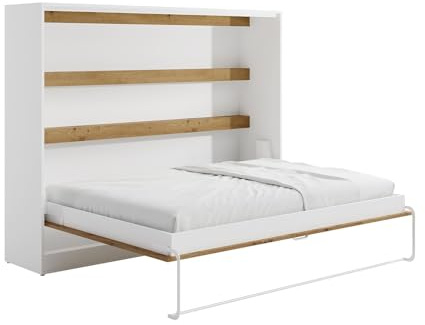 Vente-unique-Schrankbett - 140 x 200 cm - Manuelle horizontale Öffnung - Mit LED-Beleuchtung - Weiß & Holzfarben - RAPILI
