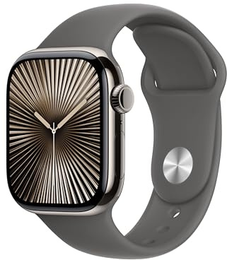 Apple Watch Series 10 (GPS + Cellular 42 mm) Smartwatch mit Titangehäuse in Natur und Sportarmband in Steingrau (S/M). Fitnesstracker, EKG App, Always-On Retina Display, Wasserschutz