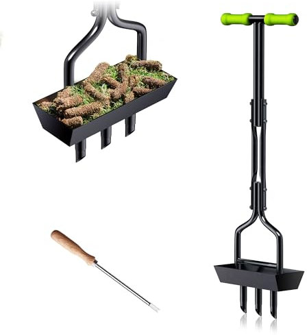 Lawn Aerator, EEIEER Hollow Tine Aerator Core Aerating with Storage Tray & Garden Tool, T-Handle Grass Aerator Heavy Duty Aeration Lawn Scarifier Manual Lawn Aerators for Compacted Soils, Green Handle