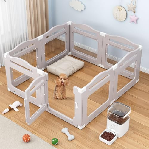 Welpenauslauf aus Acryl 60 cm hoch, 7 PCS +1 Laufstall Hund mit Tür, gitterloser Welpenlaufstall, Hundelaufstall für Wohnung, Saugnapf, Transparent, Indoor-Hundezwinger für Welpen, Warmgrau