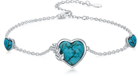 BETHZA Bracelet en argent sterling 925 avec cœur royal, turquoise et pierres précieuses réglables pour femme, taille M, argent sterling, turquoise, Mediano, Argent sterling, Turquoise stabilisée