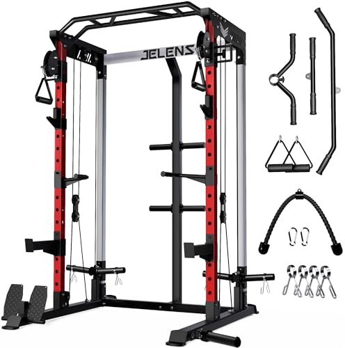 JELENS C21 Power Cage, 2000LBS Multi-Function Power Rack with Independent Dual Pulley System, All-in-One Squat Rack for Cable Crossover, Home Gym Workout Machine (Red, C21 Power Cage)