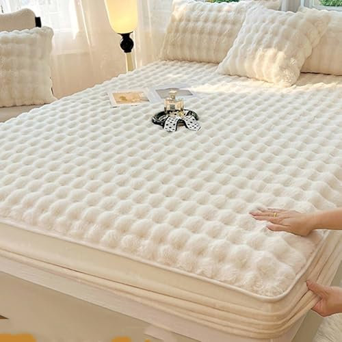 Lirzxin Bettlaken Boxspringbett 200x220 cm, Spannbettlaken Doppelbett Milch Samt Flauschige Einfarbig Gitter Struktur 30 cm Tiefe Tasche Spannbetttuch Winter Weich, Atmungsaktiv, Cremeweiß