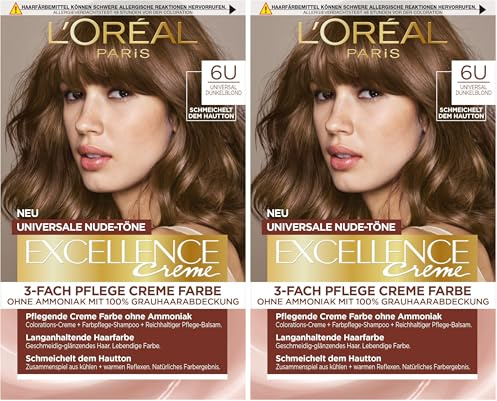 L'Oréal Paris Permanente Haarfarbe für jeden Hautton, Coloration ohne Ammoniak, Universale Nude-Töne mit vollständiger Grauhaarabdeckung, Excellence Creme, Nr. 6U Dunkelblond (Blond), 1 Stück