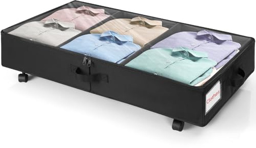 OUUTMEE 1 scatola portaoggetti da 50 litri, pieghevole, da mettere sotto il letto, con coperchio, contenitore arrotolabile sotto il letto, con struttura in metallo, per vestiti, scarpe, coperte (nero)