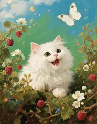 JUYIYUANFUZH Cross Stitch Starter Kits Adults DIY Embroidery Kit with Pattern White Cat in The Raspberry Bush 3 Easy Cross Stitch Kits for Beginners11CT: 40×50Cm