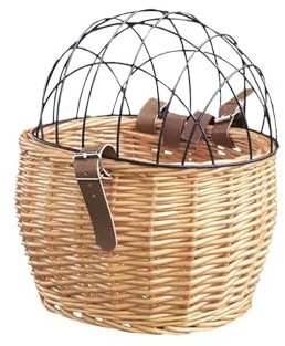 Bicycle Front Handlebar Basket Handwoven Wicker Pet Cat Dog Carrier with Cover Bike Basket Front Pannier Bag Cycling Accessories(A Beige)