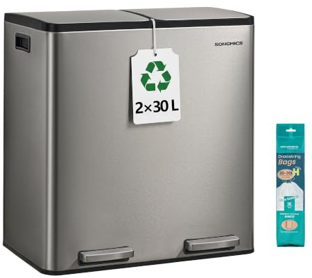 Songmics Papperskorg kök, 2 x 30 L, avfallssepareringssystem 2 fack, soptunna med 15 soppåsar, pedalhink, avtagbar innerhink, mjukt stängningslock, handtag, rostfritt stål, silver LTB160EZ01