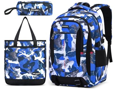 Amythe Sac à Dos College pour Garçons 10-18 Ans, Cartable Imperméable Camouflage Set 3 en 1 avec Sac à Bandoulière et Trousse, Sac D'école pour Primaire Collège Lycée, Bleu