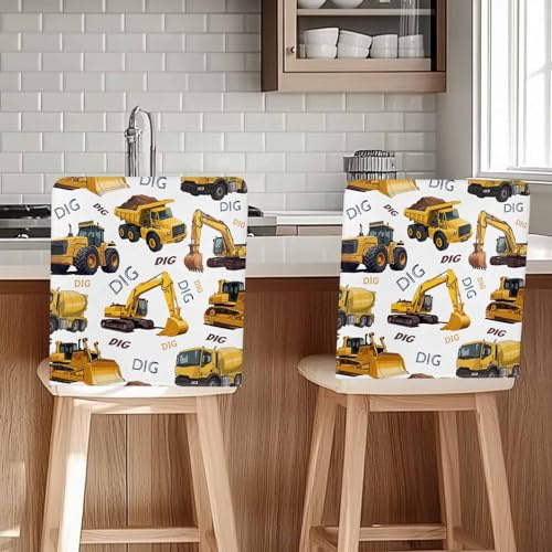 Construction Truck Chair Back Cover for Dining Room, Removable Kitchen Chair Slipcovers, Cartoon Grips and Bulldozers Stirrup Car Washable Seat Protector for Restaurant Party Banquet Wedding Décor