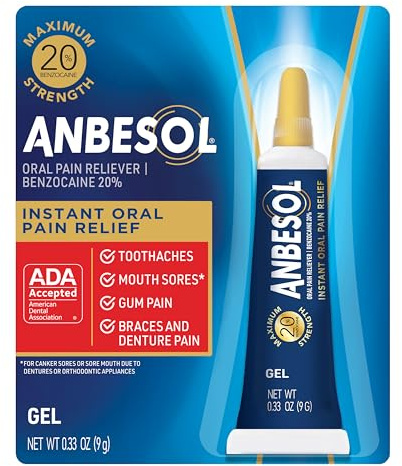 Anbesol Gel Maximum Strength - Instant Oral Pain Relief for Toothaches, Canker Sores, Sore Gums, Denture Pain - 0.33 oz