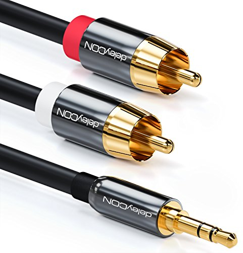 deleyCON 12,5m Klinkenkabel Cinch Kabel 3,5mm Klinke zu Cinch RCA Stereo Audio Kabel 1x Klinkenstecker auf 2x RCA Cinch Stecker Metallstecker Schwarz