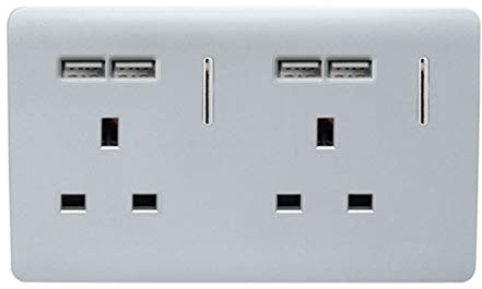 Trendi 2 Gang Artistic Modern Glossy Screwless Raised 13 Amp 240v Short 4 USB Type A Charging Points Double Chrome Switched Electrical Wall Plug Socket Platinum Silver - ART-SKT213USBSI