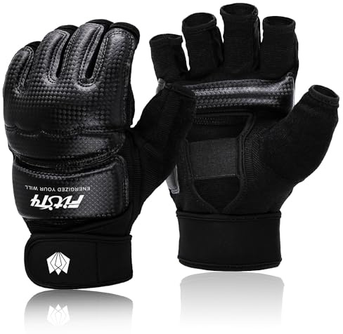 FitsT4 Sports Half Mitts MMA UFC Training Boxing Punch Bag Kickboxing Sparring Grappling Martial Arts Muay Thai Taekwondo Wrist Wraps Support Gloves for Women Men Kids Black S