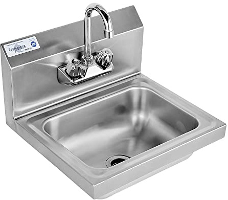 Profeeshaw Commercial Hand Sink, Wall Mount Utility Sink, 304 Stainless Steel Wash Basin with Gooseneck Faucet, Drain Basket and Backsplash for Restaurant, Bar and Home, 17 x 15 Inch
