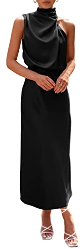 PRETTYGARDEN Women's 2025 Summer Satin Dress Elegant Sleeveless Mock Neck Cocktail Party Maxi Dresses (Black,Medium)
