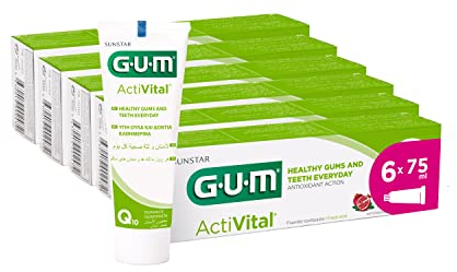 GUM ActiVital Zahnpasta | gesundes Zahnfleisch und gesunde Zähne - jeden Tag | Anti-Plaque- und antioxidative Wirkweise | Pfefferminzgeschmack | 6 x 75 (mit 1 Gratisprobe)
