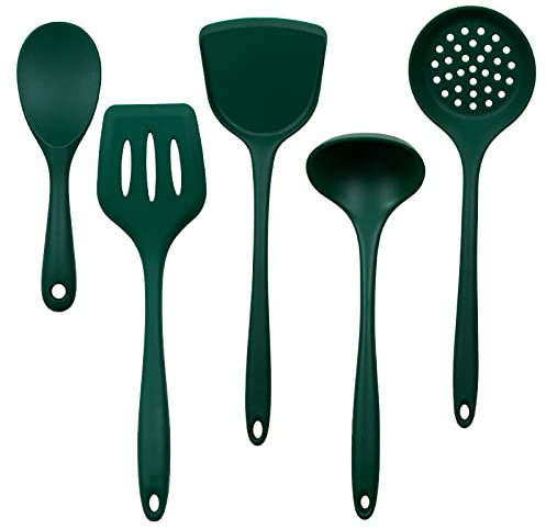 Set di utensili da cucina in silicone non appiccicoso spatola pala zuppa utensili da cucina 5 pezzi verde scuro