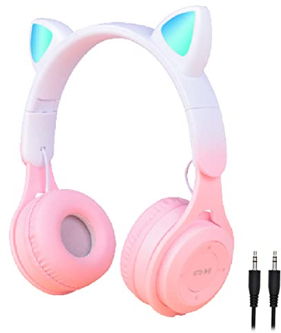 arVin Barnhörlurar, barn trådlösa hörlurar med mikrofon, 74/85/94 db volymbegränsad, stereoljud, kattöra LED-upplysta barn trådbundet headset, vikbar over-ear hörlurar för flicka pojke