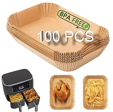 Carta Forno per Friggitrice ad Aria, 100 Pezzi Carta da Forno per Friggitrice Ninja, Accessori Riutilizzabili per Friggitrice ad Aria per Ninja AF300EU AF400EU e Altre Friggitrici ad Aria Dual Zone