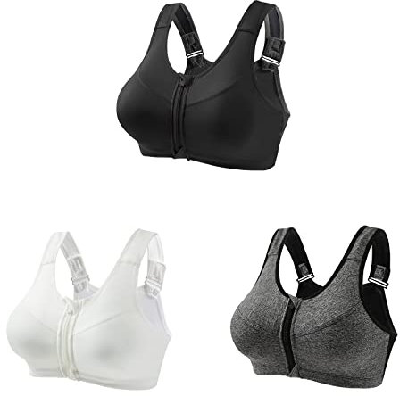3 Piece Women Sports Bra Front Fastening High Impact Zip Front Plus Size Post Surgery Bras Crop Top with Adjustable Straps Wirefree Workout Gym Running Yoga Bras Breathable Sleep Everyday Bralettes