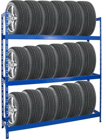 PROREGAL Reifenregal Tiger XL | HxBxT 200x180x45 cm | 300kg Fachlast | bis zu 21 Reifen (205/55 R16) | Blau | Werkstattregal, Lagerregal, Kellerregal