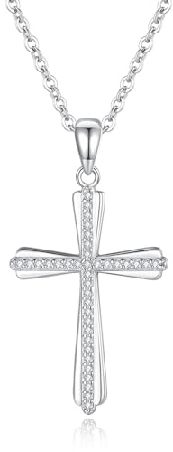 GAVU Collana Croce Donna Argento Sterling 925 Placcato Rodio con Zirconia Cubica, Catenina con Ciondolo Croce Brillante, Collana Cresima Donna