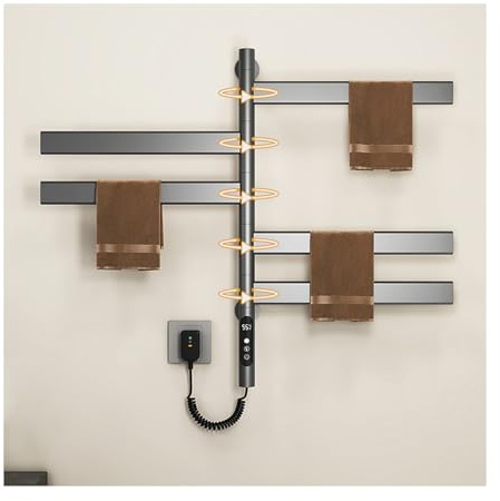 SWHC Heated Towel Rack 180° Swivel Towel Warmer LED Touch Control Radiator Towel Rail Electric Wall Mounted 120W Towel Rail Timer 1-9H Towel Radiator 30-70°C Bathroom Radiators 45 * 67 * 9cm