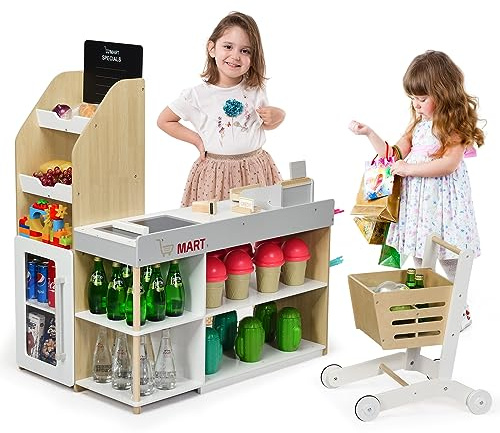 HOMASIS Supermercato Giocattolo con Carrello, Negozio per Bambini con Lavagna, Registratore di Cassa, Scanner, Lettore di Carte, Carta di Credito, Gioco di Ruolo per Bambini dai 3+ Anni, Giallo