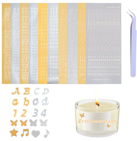 Vaxbokstäver för Ljus med Pincett - 10 Ark Guld/Silver Självhäftande för Dopljus, DIY Hantverk, Gratulationskort
