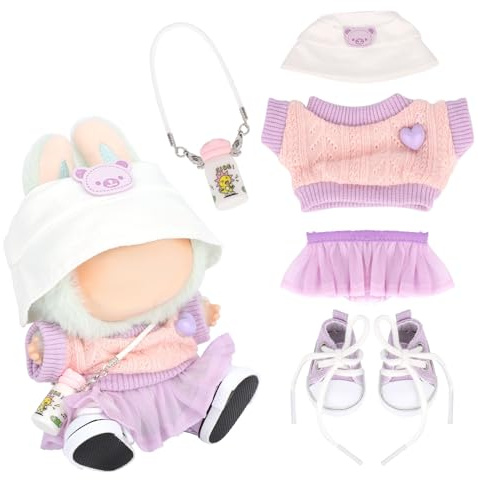 BOXOB Mjukisdocka Klädset, 5st Kawaii Outfit Inkluderar Tröja, Lila Tyllkjol, Hatt, Liten Vattenflaska och Canvasskor för Att Klä 15cm 17cm Docktillbehör (Inga Dockor)
