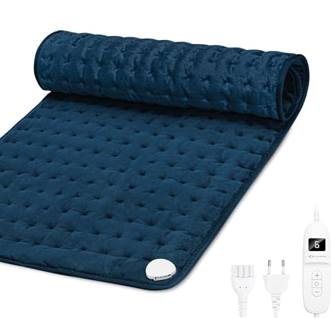 MYCARBON Termoforo Elettrico 60x30cm 6 Temperature Timer 120min Pad Riscaldante Cuscino Termico Allevia Dolori Muscolari Lavabile per Schiena Cervicale Spalle Pancia Gambe(Blu)