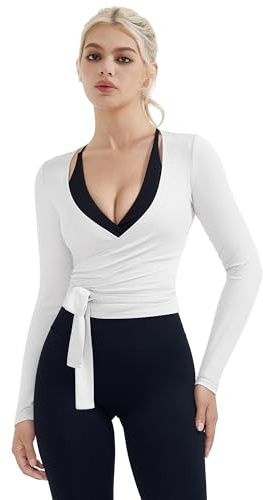 SUUKSESS Women Pilates Wrap Workout Cropped Top Ribbed Long Sleeve V Neck Tie Front Ballet Yoga Shrug Blouse(White,L)