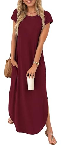 PLOKNRD Summer T-Shirt Maxi Dresses Pockets Women Round Neck Curved Slit | Casual Long Dress UK Short Sleeve Sundress Loose Straight Solid Color Boho Flower Leopard Print
