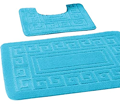 EDS rutschfeste Badematte im griechischen Stil, Bademattenset 2-teilig, enthält 1 Badematte (50 x 80 cm) und einen WC-Vorleger (50 x 40 cm) - Aqua