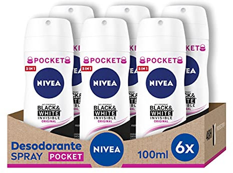 NIVEA Black & White Invisible Original Deo Spray Deodorante antitraspirante per la cura femminile con protezione 72h, confezione da 6 x 100 ml