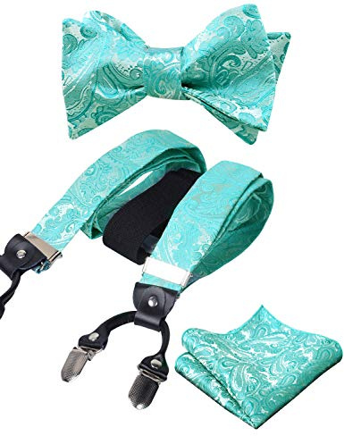 Alizeal Conjunto Ajustable con Estampado Floral para Hombre, Pajarita Auto-Ajustada, Pañuelo de Bolsillo y Tirante en Forma de Y con 6 Clips