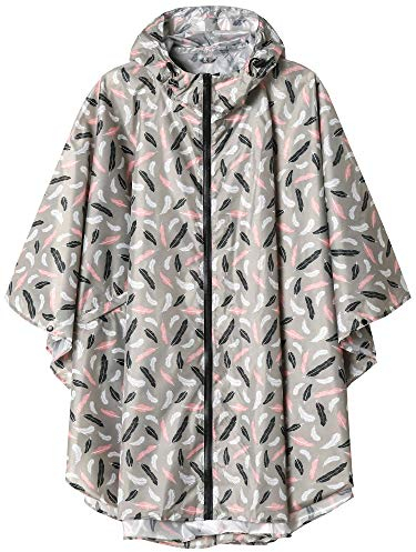 SaphiRose PONCHO Regenponcho Damen Herren Wasserdichte, Regencape mit Kapuze Reißverschluss, Regenmantel Damen Wiederverwendbar, Regenponcho Fahrrad Wandern, Regenjacke Damen Leicht, Grau mit Feder