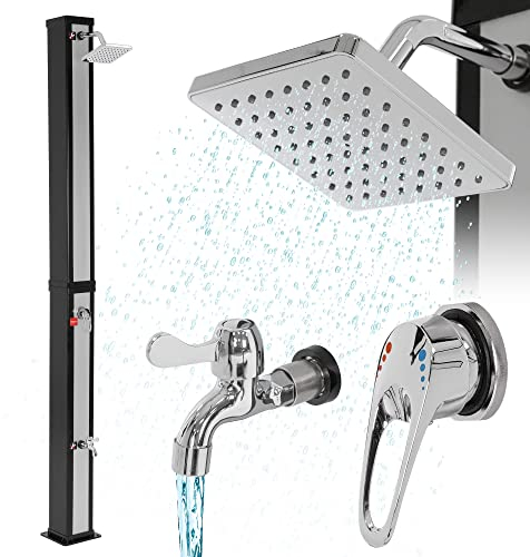 ML-Design Solardusche 40L 217cm eckig mit Fußdusche und Regenduschkopf, Silber-Schwarz, warmes Wasser, 60°C ohne Stromanschluss, mit Gartenschlauch-Anschluss, Solar Gartendusche Außendusche Pooldusche