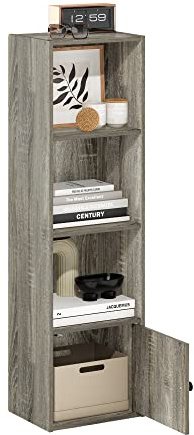 Furinno LUDER Book Shelf, 4-Tier Bookshelf, Bookcase with 1 Door Storage Cabinet, 9.3 x 12 x 41.8, for Living Room, Bedroom, Home Office, French Oak