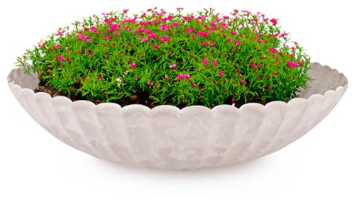 Matches21 - Maceta para exterior, grande, color arena, estriada gris, como maceta, cuenco redondo para flores en 35 cm para jardín, balcón o cementerio como cuenco para tumba