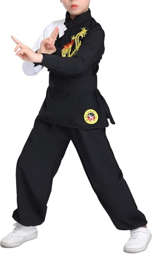 BK FASO Kung Fu Suit for Boys Girls Traditional Outfit Chinese Embroidered Tai Chi Wing Chun Master Martial Arts Sets, Black, 130cm