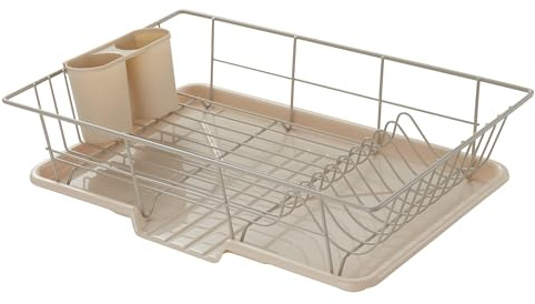 Sweet Home Collection Space-Saving 3-Piece Dish Drainer Rack Set: Efficient Kitchen Organizer for Quick Drying and Storage - Includes Cutlery Holder and Drainboard - Maximize Countertop Space, Beige
