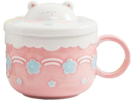 430ml Carino Piccolo Orso Cartoon Tazza In Ceramica Con Coperchio Grande Capacità Colazione Avena Caffè Cup-rosso