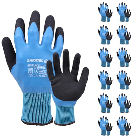Baratec 12 Pairs of Waterproof Latex Safety Gloves - Perfect Waterproof Work Gloves Large for Men & Women, Ideal for Gardening and Work Safety - Ensuring Maximum Protection - Size 9